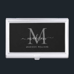Elegant Black Silver Grey Monogram Script Name Visitekaarthouder<br><div class="desc">Elegant Zwart Zilver Slate Grijs Monogram Girly Script Naam Business Card Case</div>