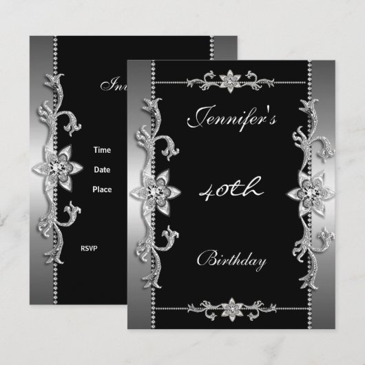 Elegant Black Silver Jewel 40th Kaart (Voorkant / Achterkant)