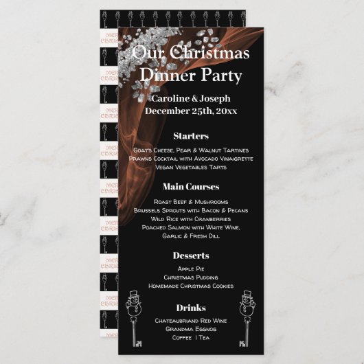 Elegant Black & Silver-kerstmenu met Snowman Menu (Voorkant / Achterkant)