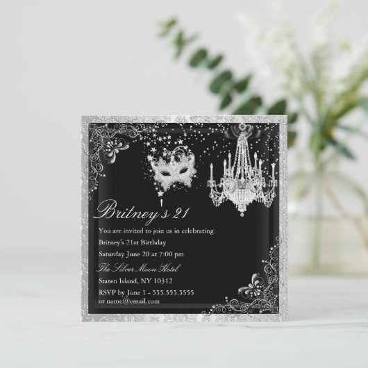 Elegant Black Silver Masquerade 21st Invite Kaart (Staand voorkant)