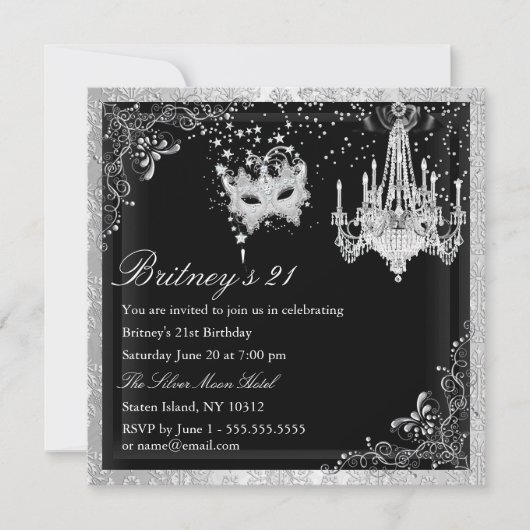 Elegant Black Silver Masquerade 21st Invite Kaart (Voorkant)