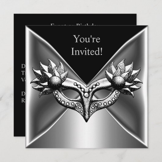 Elegant Black Silver Metal Mask Event Party 2 Kaart (Voorkant / Achterkant)