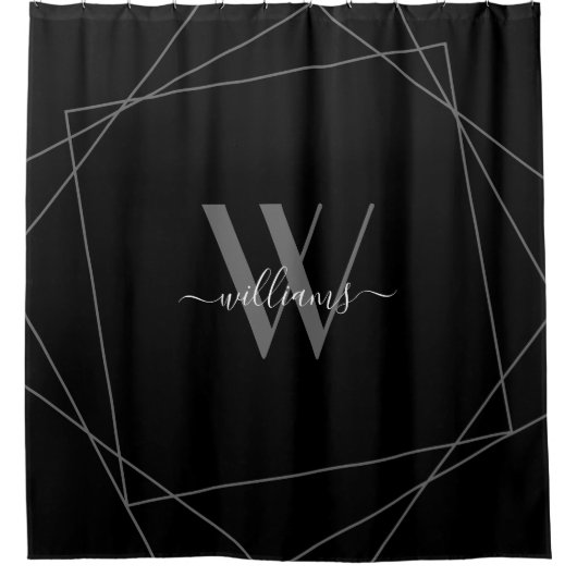 Elegant Black Silver Monogram Geometrische naam Douchegordijn (Voorkant)