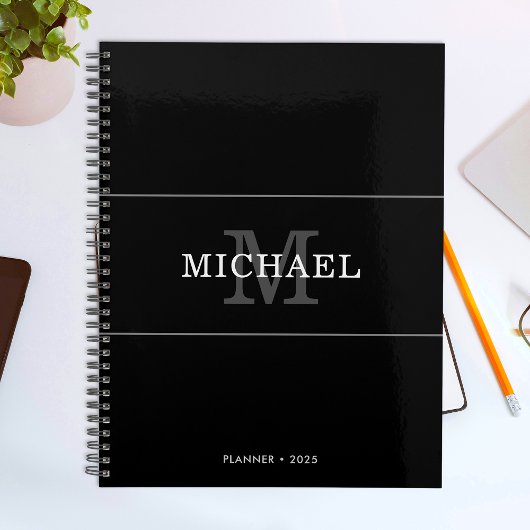 Elegant Black Silver Monogram Name Persoonlijk Planner