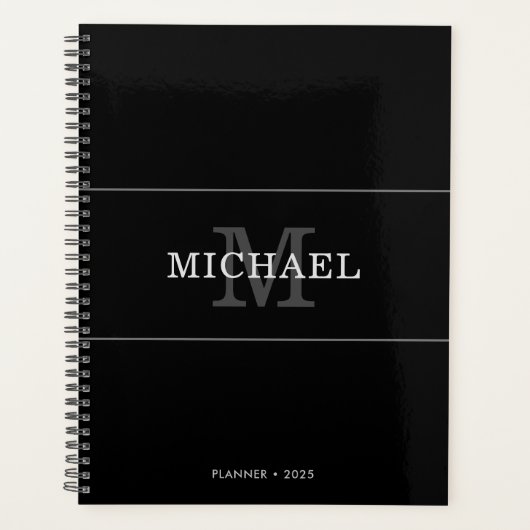 Elegant Black Silver Monogram Name Persoonlijk Planner (Voorkant)