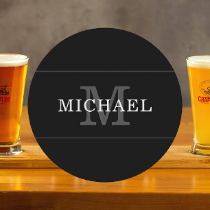 Elegant Black Silver Monogram Name Persoonlijk Ronde Kartonnen Onderzetter