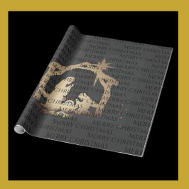Elegant Black Silver Natitivity Merry Kerstmis Cadeaupapier