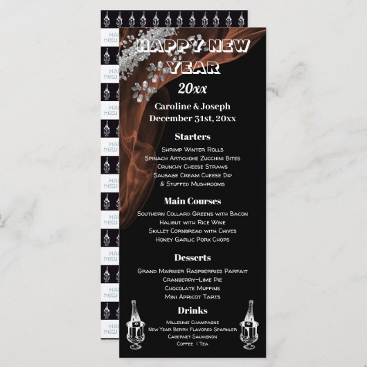Elegant Black Silver New Year Menu & Champagne (Voorkant / Achterkant)