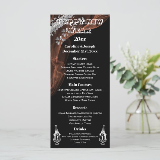 Elegant Black Silver New Year Menu & Champagne (Staand voorkant)