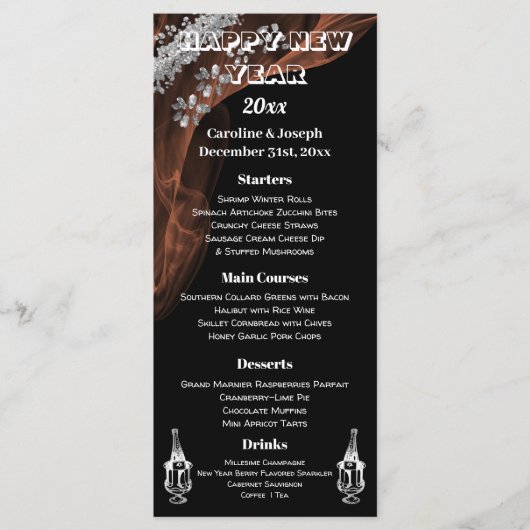 Elegant Black Silver New Year Menu & Champagne (Voorkant)
