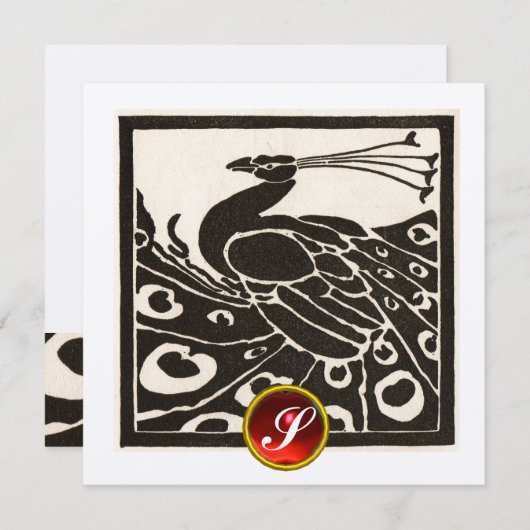 ELEGANT BLACK SILVER PEACOCK, RED RUBY GEM MONOGRA KAART (Voorkant / Achterkant)