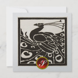 ELEGANT BLACK SILVER PEACOCK, RED RUBY GEM MONOGRA KAART