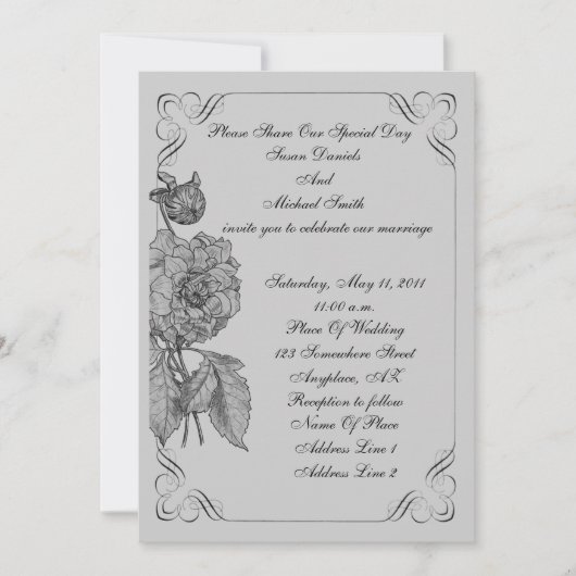 Elegant Black Silver Peony Flower Wedding Invite Kaart (Voorkant)