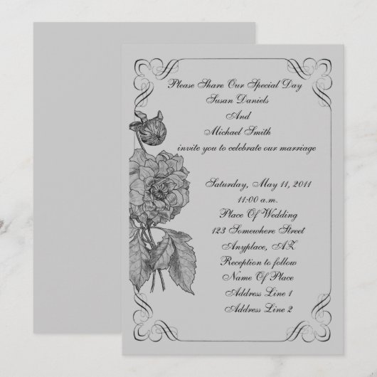Elegant Black Silver Peony Flower Wedding Invite Kaart (Voorkant / Achterkant)