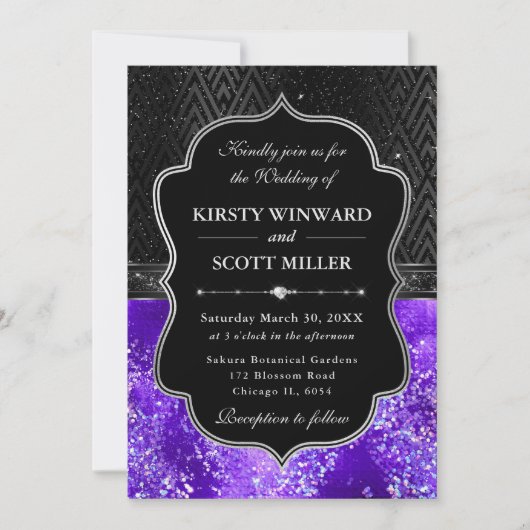 Elegant Black Silver Purple Glitter Wedding Kaart (Voorkant)