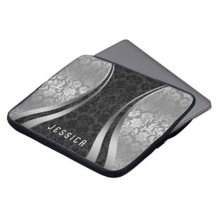 Elegant Black & Silver Tones Floral Damaskers Laptop Sleeve