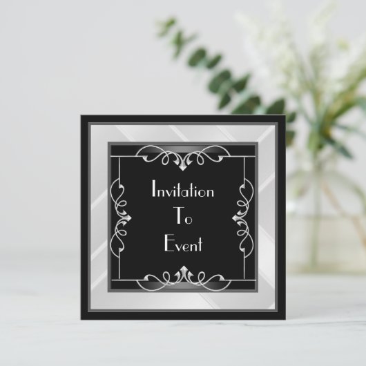 Elegant Black Silver White Art Deco Uitnodiging (Staand voorkant)
