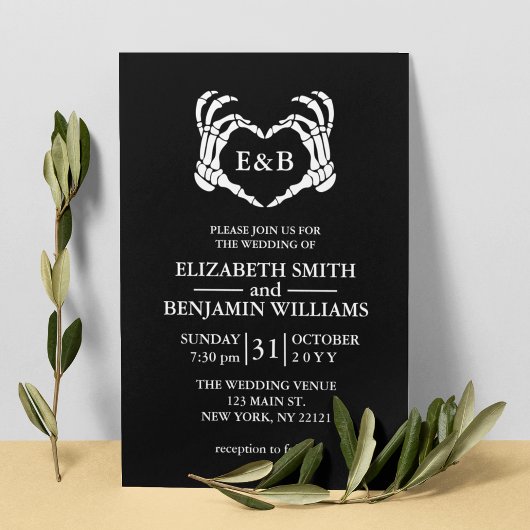 Elegant Black Skeleton Heart Gothic Wedding Kaart