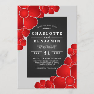 Elegant Black Sliver en Red Floral Wedding Kaart