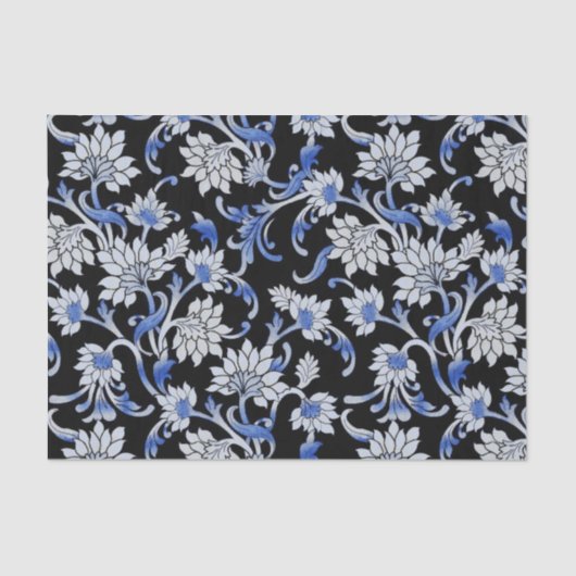 Elegant Black, Smoky Blue en White Floral Vine Tissuepapier (Voorkant)