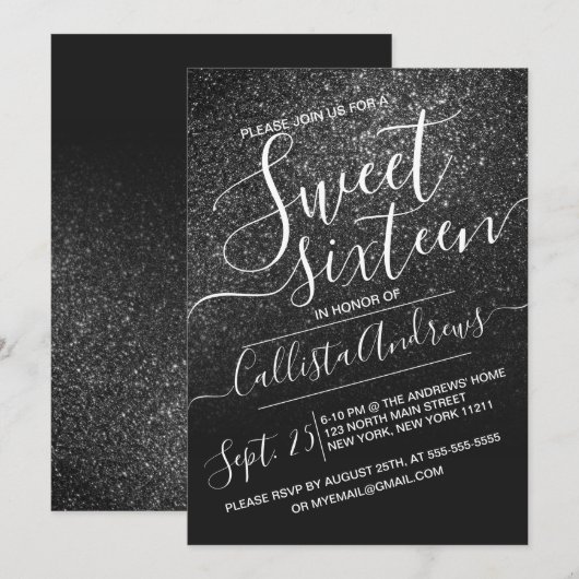 Elegant Black Sparkly Glitter Ombre Sweet 16 Kaart (Voorkant / Achterkant)