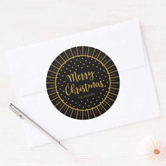 Elegant Black Starburst Script Merry Kerstry Ronde Sticker (Envelop)
