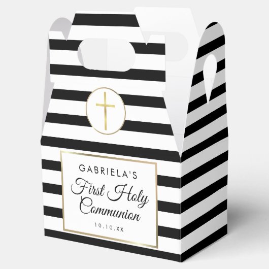Elegant Black Stripe Gold First Heilige Communie Bedankdoosjes (Geopend)