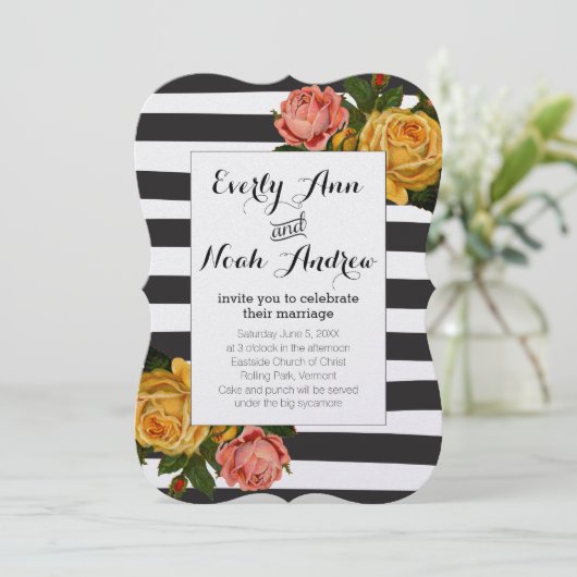 Elegant Black Stripe Heirloom Rozen Weddenschap Kaart (Staand voorkant)