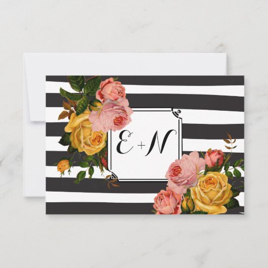 Elegant Black Stripe Heirloom Rozen Wedding RSVP (Achterkant)