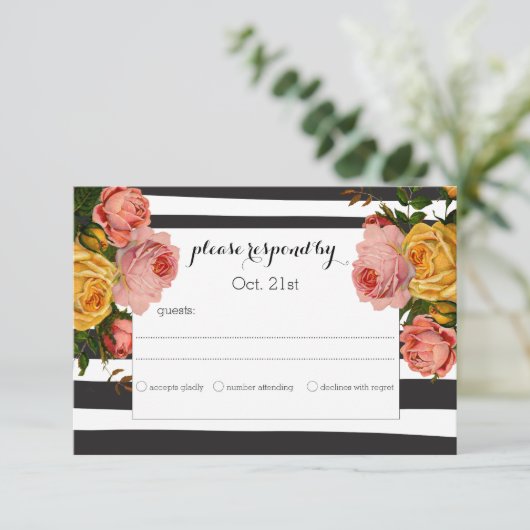 Elegant Black Stripe Heirloom Rozen Wedding RSVP Kaartje (Staand voorkant)