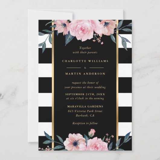 Elegant Black Stripe Pink Floral Wedding Kaart (Voorkant)