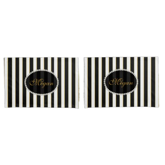 Elegant Black Striped Pearl Monogram Hoesje set Kussensloop (Voorkant-Set)