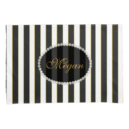 Elegant Black Striped Pearl Monogram Hoesje set Kussensloop (Voorkant-Rechts)