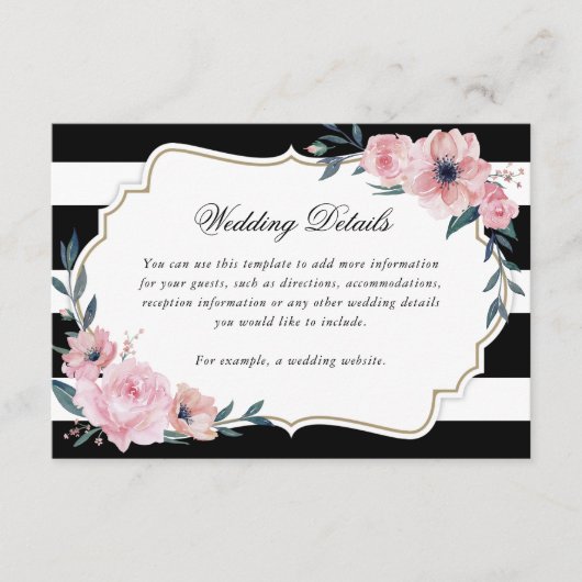 Elegant Black Striped Pink Floral Wedding Details Informatiekaartje (Voorkant)
