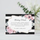 Elegant Black Striped Pink Floral Wedding Details Informatiekaartje (Staand voorkant)