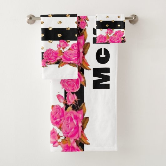 Elegant Black Stripes Gold Glitter Stippen Roze Ro Bad Handdoek (Insitu)