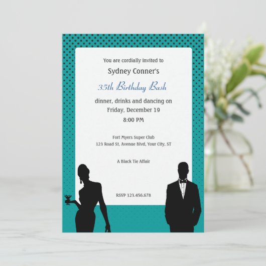 Elegant Black Stropdas Birthday Party Black Invita Kaart (Staand voorkant)