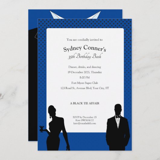 Elegant Black Stropdas Birthday Party Black Invita Kaart (Voorkant / Achterkant)