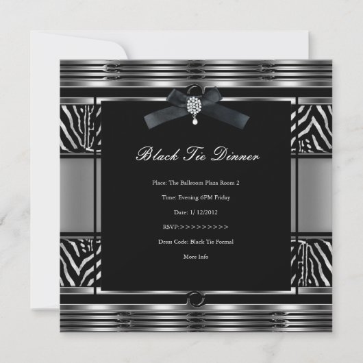 Elegant Black Stropdas Dinner Zebra Silver Black Kaart (Voorkant)