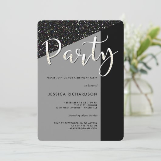 Elegant Black Stropdas | Uitnodiging van Glitter K (Staand voorkant)