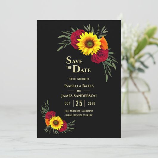 Elegant Black Sunflower Burgundy Roos Weduwnaar Sa Save The Date (Staand voorkant)