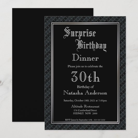 Elegant Black Surprise 30th Birthday Dinner Kaart (Voorkant / Achterkant)