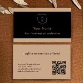 Elegant Black & Tan Logo QR Code Professional Visitekaartje