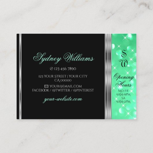Elegant Black Teal Green Glitter Monogram Silver Visitekaartje (Achterkant)