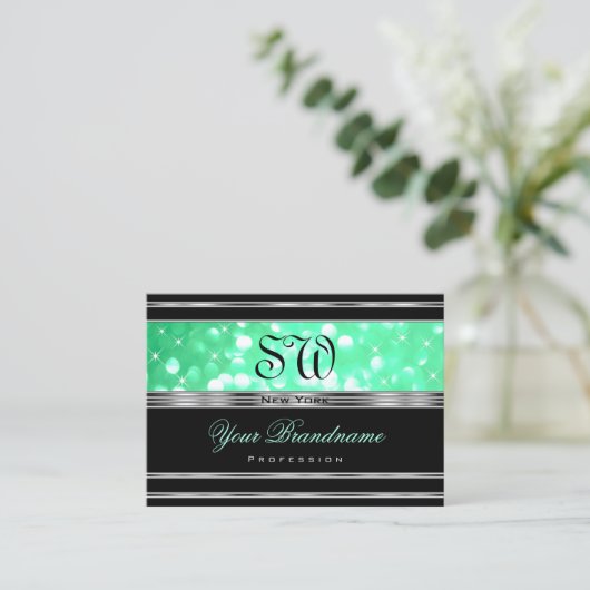 Elegant Black Teal Green Glitter Monogram Silver Visitekaartje (Staand voorkant)