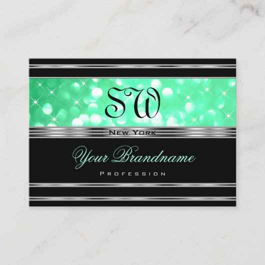 Elegant Black Teal Green Glitter Monogram Silver Visitekaartje (Voorkant)