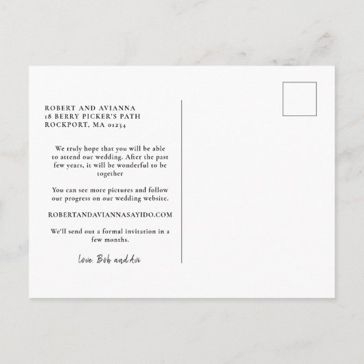 Elegant Black Text Photo Weddenschap Save the Date Aankondigingskaart (Achterkant)