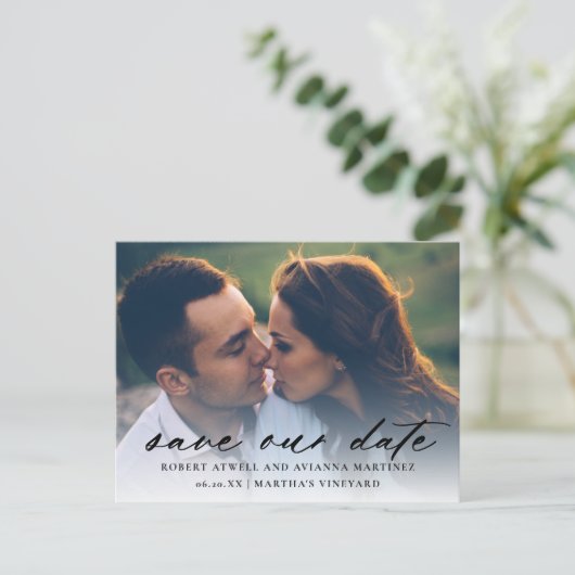 Elegant Black Text Photo Weddenschap Save the Date Aankondigingskaart (Staand voorkant)