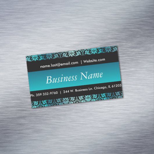Elegant Black & Turquoise Damask Design Visitekaartje Magneet (Voorbeeld)