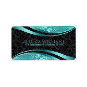 Elegant Black & Turquoise Floral Dammaskers Etiket (Voorkant)